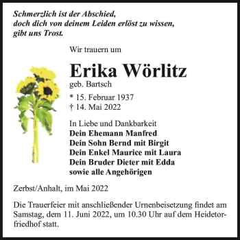 Traueranzeige von Erika Wörlitz (geb. Bartsch)  von Magdeburger Volksstimme