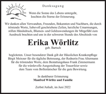 Traueranzeige von Erika Wörlitz (geb. Bartsch)  von Magdeburger Volksstimme