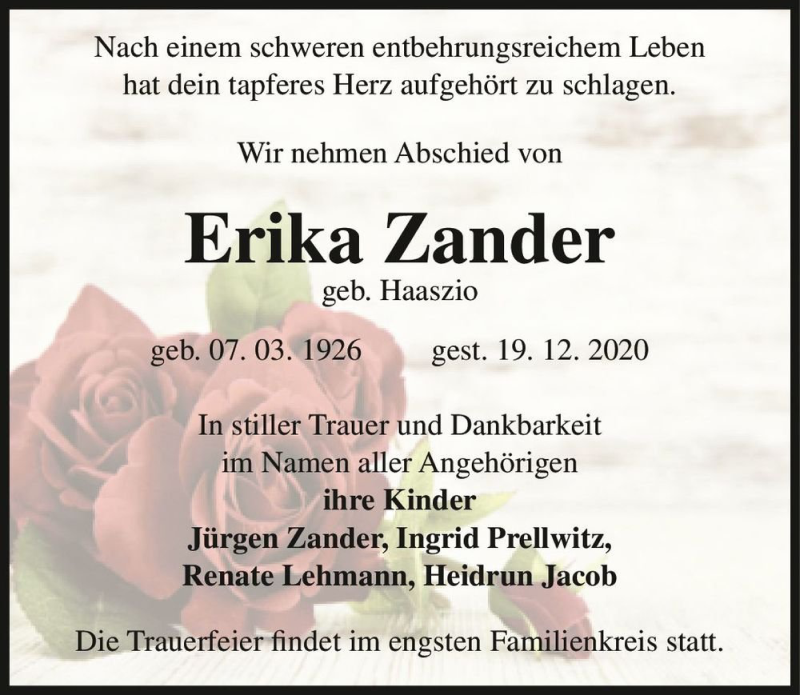  Traueranzeige für Erika Zander (geb. Haaszio)  vom 23.12.2020 aus Magdeburger Volksstimme