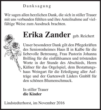 Traueranzeige von Erika Zander (geb. Reichert)  von Magdeburger Volksstimme