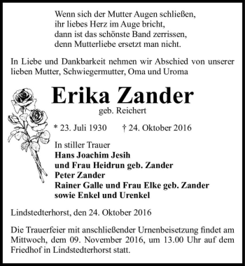 Traueranzeige von Erika Zander (geb. Reichert)  von Magdeburger Volksstimme