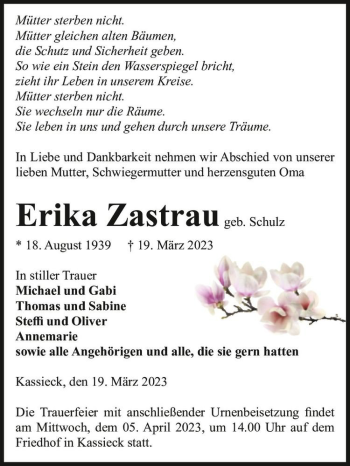 Traueranzeige von Erika Zastrau von Magdeburger Volksstimme