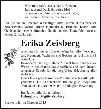 Traueranzeige von Erika Zeisberg  von Magdeburger Volksstimme