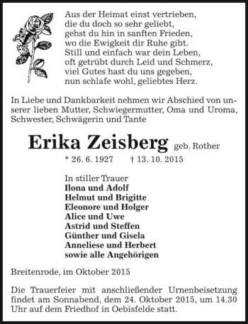 Traueranzeige von Erika Zeisberg (geb. Rother)  von Magdeburger Volksstimme