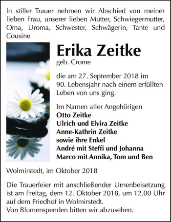 Traueranzeige von Erika Zeitke (geb. Crome)  von Magdeburger Volksstimme