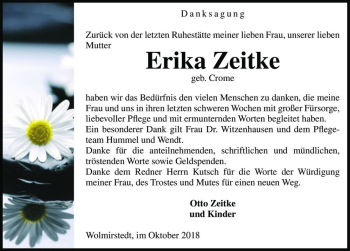 Traueranzeige von Erika Zeitke (geb. Crome)  von Magdeburger Volksstimme