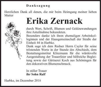 Traueranzeige von Erika Zernack  von Magdeburger Volksstimme