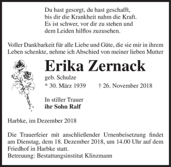 Traueranzeige von Erika Zernack (geb. Schulze)  von Magdeburger Volksstimme