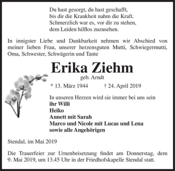 Traueranzeige von Erika Ziehm (geb. Arndt)  von Magdeburger Volksstimme