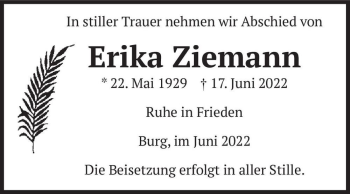 Traueranzeige von Erika Ziemann  von Magdeburger Volksstimme