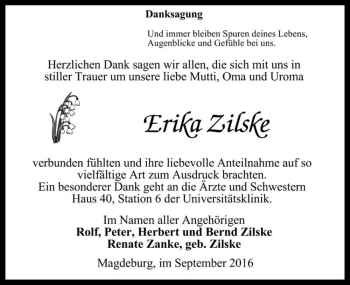 Traueranzeige von Erika Zilske  von Magdeburger Volksstimme