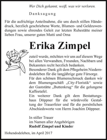 Traueranzeige von Erika Zimpel  von Magdeburger Volksstimme