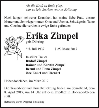 Traueranzeige von Erika Zimpel (geb. Döhring)  von Magdeburger Volksstimme