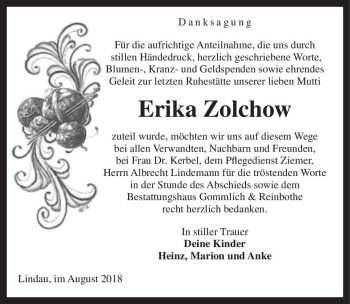 Traueranzeige von Erika Zolchow  von Magdeburger Volksstimme