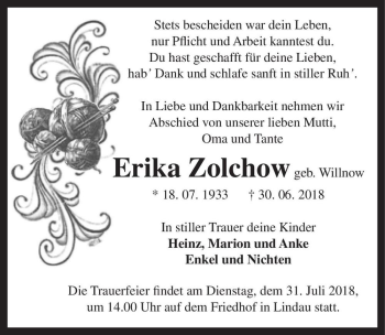 Traueranzeige von Erika Zolchow (geb. Willnow)  von Magdeburger Volksstimme