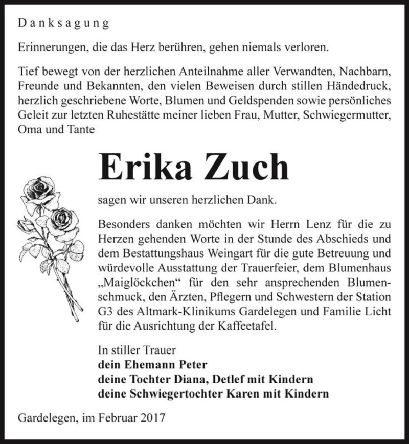  Traueranzeige für Erika Zuch  vom 09.02.2017 aus Magdeburger Volksstimme