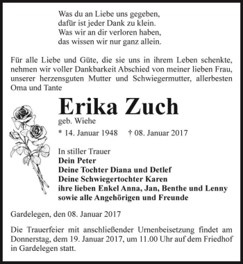Traueranzeige von Erika Zuch (geb. Wiehe)  von Magdeburger Volksstimme