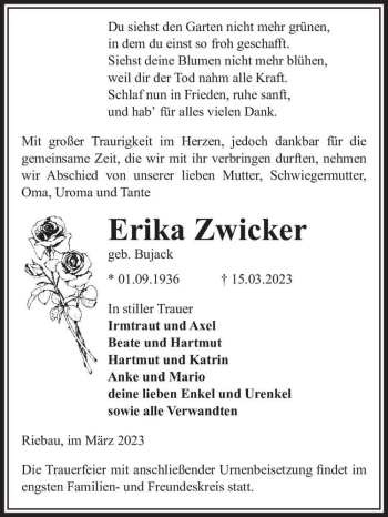 Traueranzeige von Erika Zwicker (geb. Bujack)  von Magdeburger Volksstimme