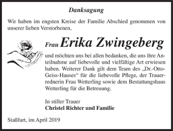 Traueranzeige von Erika Zwingeberg  von Magdeburger Volksstimme