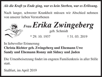 Traueranzeige von Erika Zwingeberg (geb. Schmidt)  von Magdeburger Volksstimme
