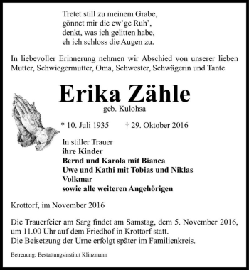 Traueranzeige von Erika Zähle (geb. Kulohsa)  von Magdeburger Volksstimme