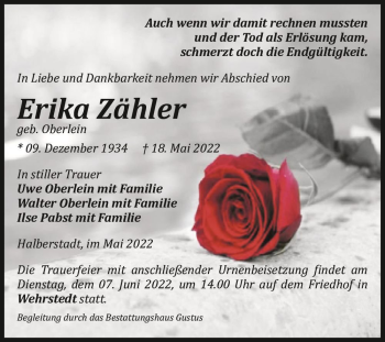 Traueranzeige von Erika Zähler (geb. Oberlein)  von Magdeburger Volksstimme