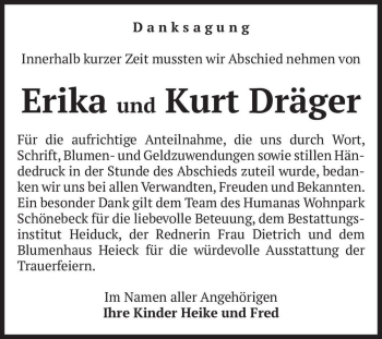 Traueranzeige von Erika und Kurt Dräger  von Magdeburger Volksstimme