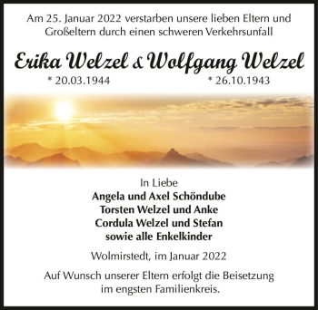 Traueranzeige von Erika und Wolfgang Welzel  von Magdeburger Volksstimme