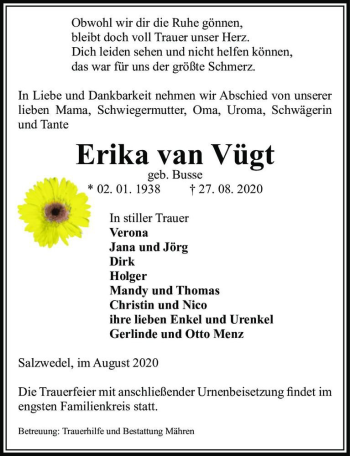 Traueranzeige von Erika van Vügt (geb. Busse)  von Magdeburger Volksstimme