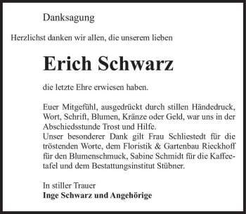 Traueranzeige von Erisch Schwarz  von Magdeburger Volksstimme