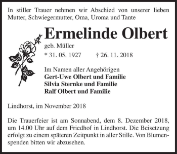 Traueranzeige von Ermelinde Olbert (geb. Müller)  von Magdeburger Volksstimme