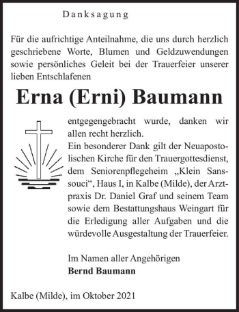 Traueranzeige von Erna (Erni) Baumann  von Magdeburger Volksstimme