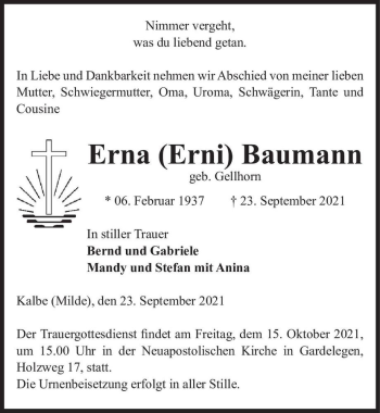 Traueranzeige von Erna 