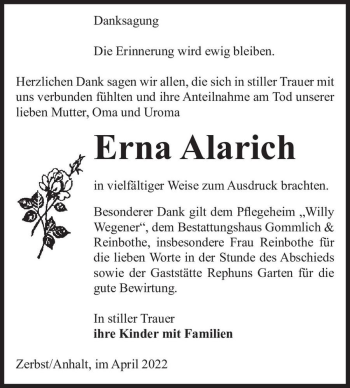 Traueranzeige von Erna Alarich  von Magdeburger Volksstimme