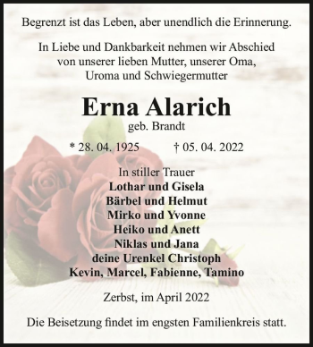 Traueranzeige von Erna Alarich (geb. Brandt)  von Magdeburger Volksstimme