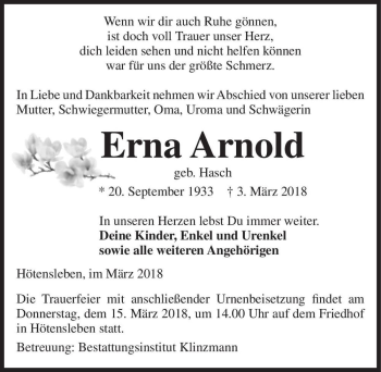 Traueranzeige von Erna Arnold (geb. Hasch)  von Magdeburger Volksstimme