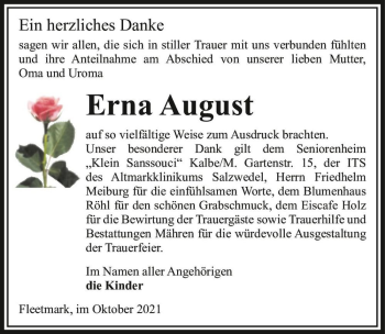 Traueranzeige von Erna August  von Magdeburger Volksstimme