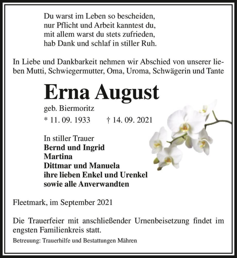 Traueranzeige für Erna August (geb. Biermoritz)  vom 18.09.2021 aus Magdeburger Volksstimme