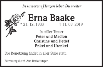 Traueranzeige von Erna Baake  von Magdeburger Volksstimme
