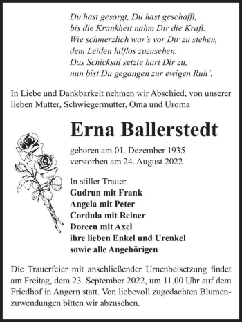 Traueranzeige von Erna Ballerstedt  von Magdeburger Volksstimme