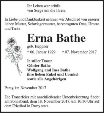 Traueranzeige von Erna Bathe (geb. Heppner)  von Magdeburger Volksstimme