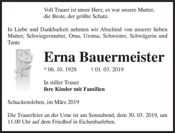 Traueranzeige von Erna Bauermeister  von Magdeburger Volksstimme