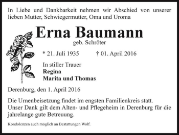 Traueranzeige von Erna Baumann (geb. Schröter)  von Magdeburger Volksstimme