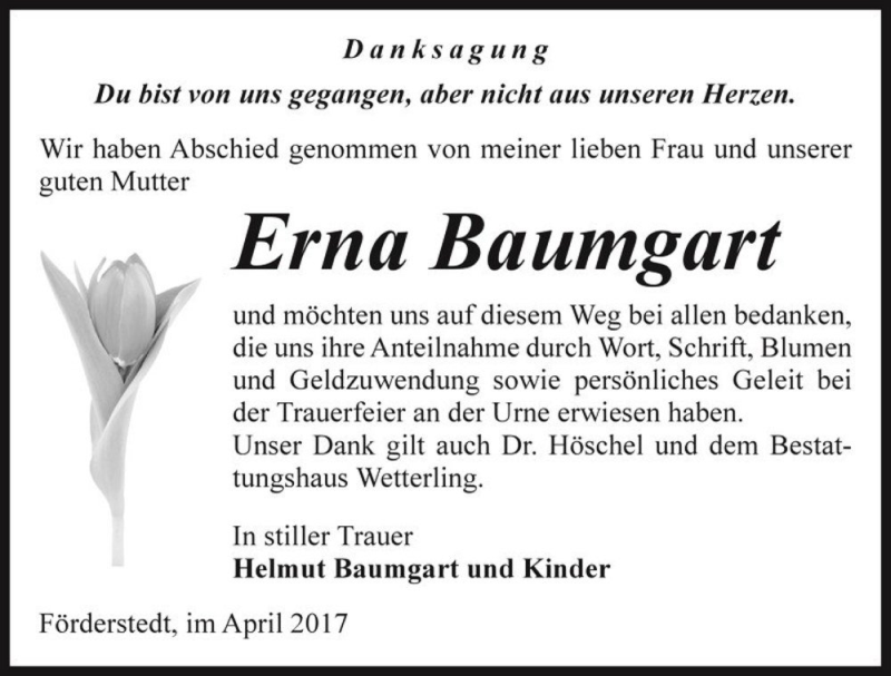  Traueranzeige für Erna Baumgart  vom 08.04.2017 aus Magdeburger Volksstimme