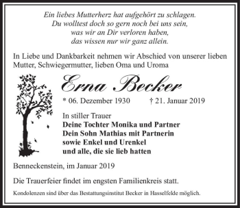 Traueranzeige von Erna Becker  von Magdeburger Volksstimme
