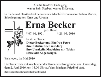 Traueranzeige von Erna Becker (geb. Brose)  von Magdeburger Volksstimme