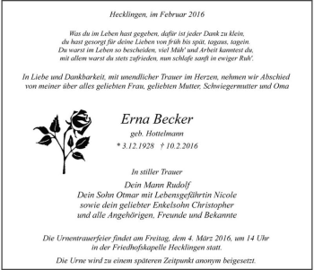 Traueranzeige von Erna Becker (geb. Hottelmann)  von Magdeburger Volksstimme