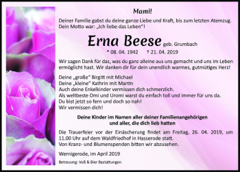 Traueranzeige von Erna Beese (geb. Grumbach)  von Magdeburger Volksstimme