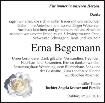 Traueranzeige von Erna Begemann  von Magdeburger Volksstimme
