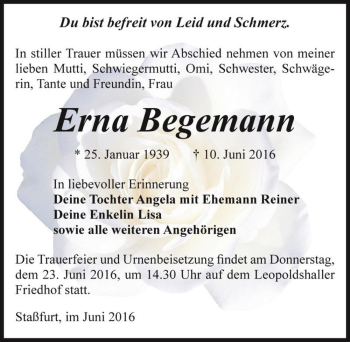 Traueranzeige von Erna Begemann  von Magdeburger Volksstimme